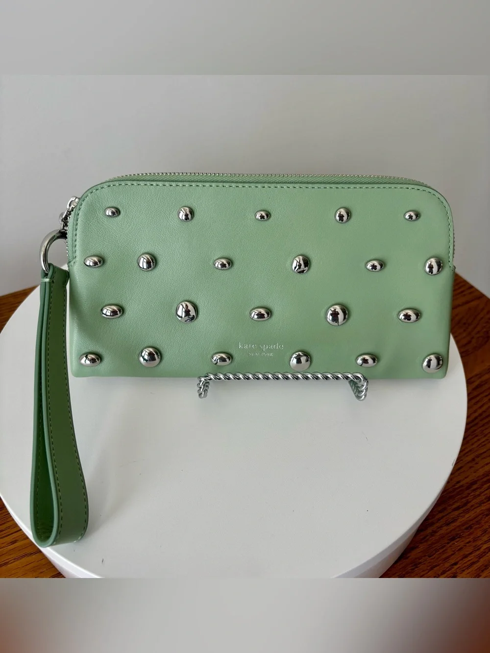 KATE SPADE Halo Studded Fine Grain Leather, Crisp Sage Wristlet, NWT